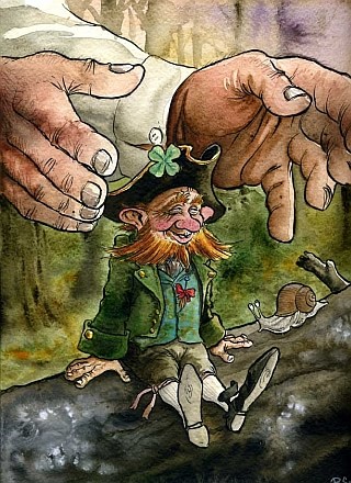 Painting of a leprechaun about to be grabbed by a human.